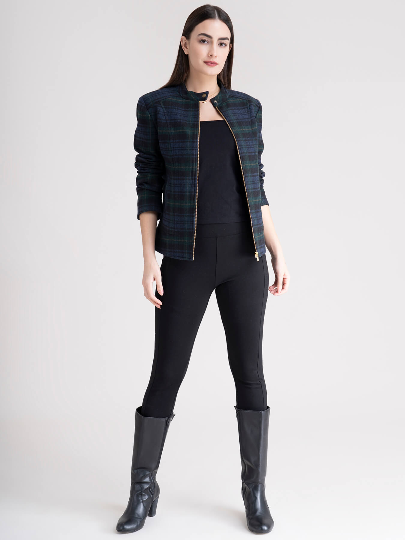Wool Blend Check Jacket - Green Plaid