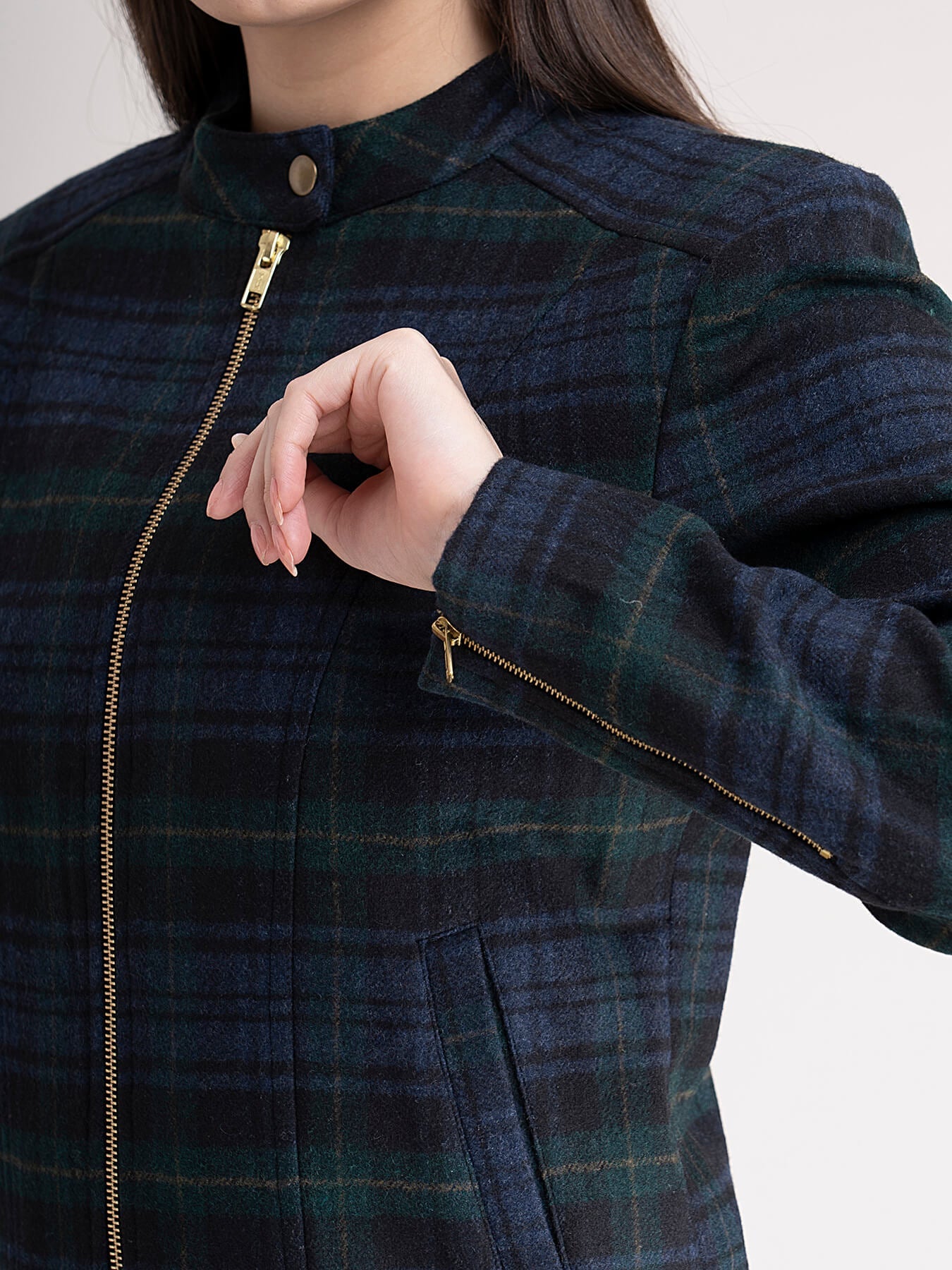 Wool Blend Check Jacket - Green Plaid
