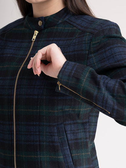 Wool Blend Check Jacket - Green Plaid
