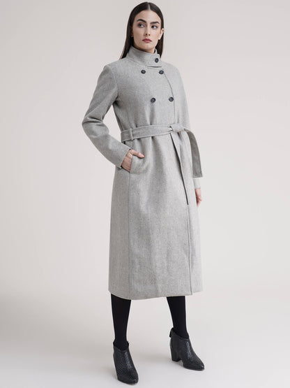 High Neck Wool Blend Overcoat - Grey