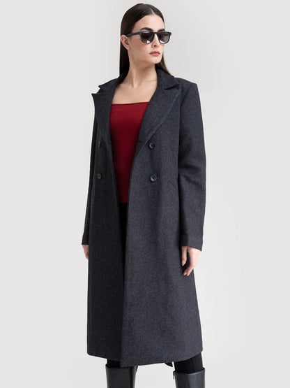 Double-Breasted Wool Blend Overcoat - Dark Grey