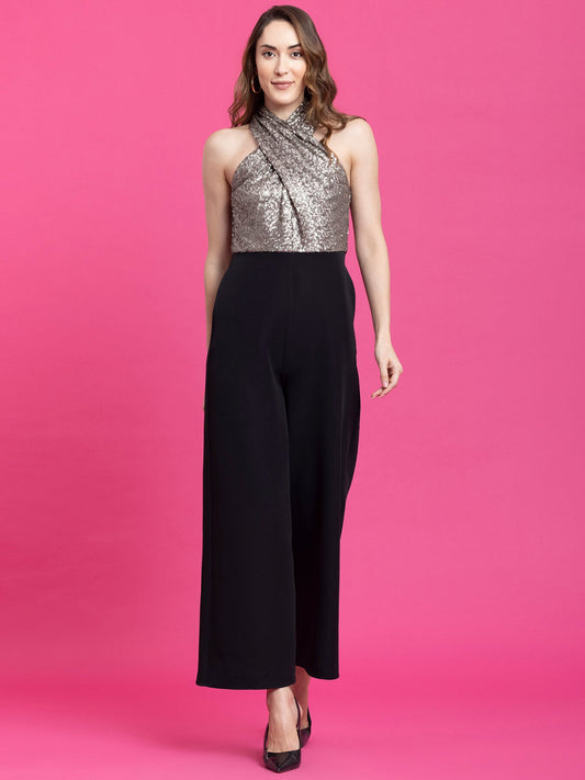 Sequin Draped Jumpsuit -  Black and Gold