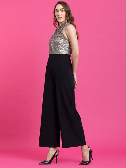 Sequin Draped Jumpsuit -  Black and Gold
