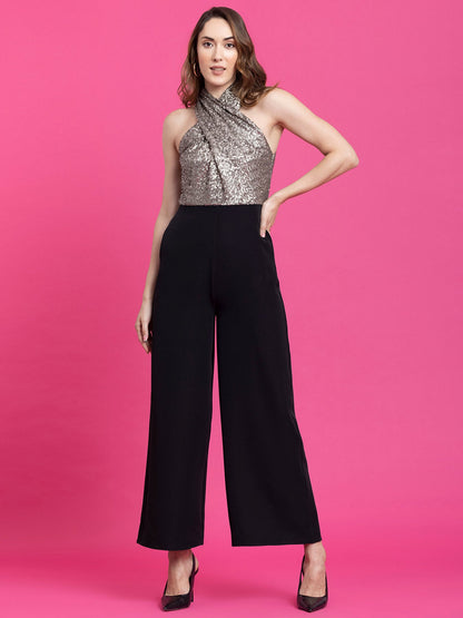 Sequin Draped Jumpsuit -  Black and Gold