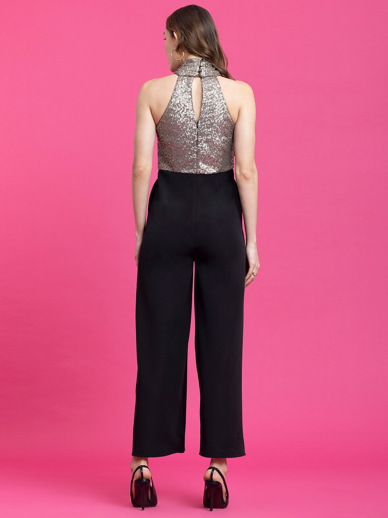 Sequin Draped Jumpsuit -  Black and Gold