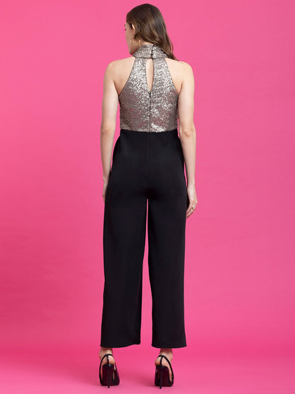 Sequin Draped Jumpsuit -  Black and Gold