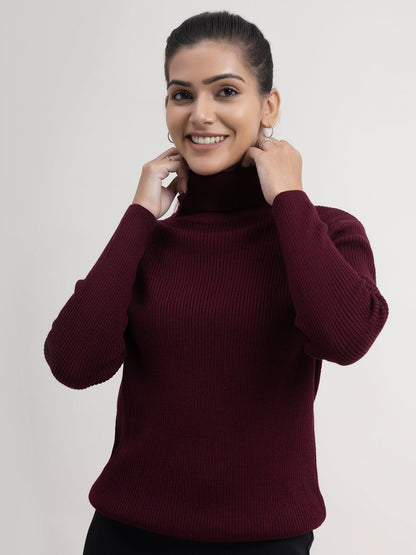 Turtle Neck Ribbed Sweater - Wine