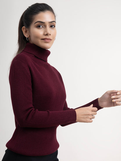 Turtle Neck Ribbed Sweater - Wine