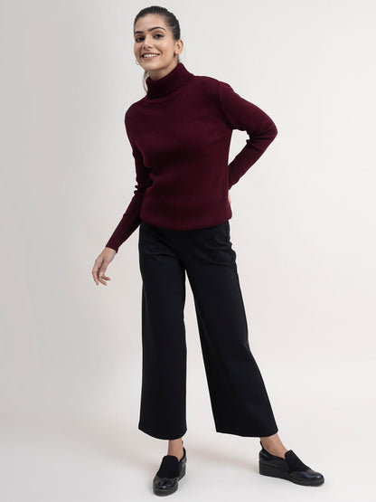 Turtle Neck Ribbed Sweater - Wine