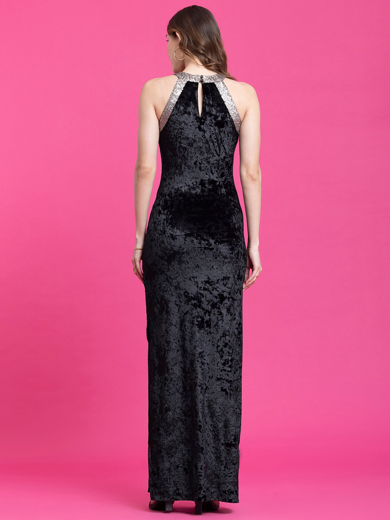 Velvet Maxi A-Line Dress - Black