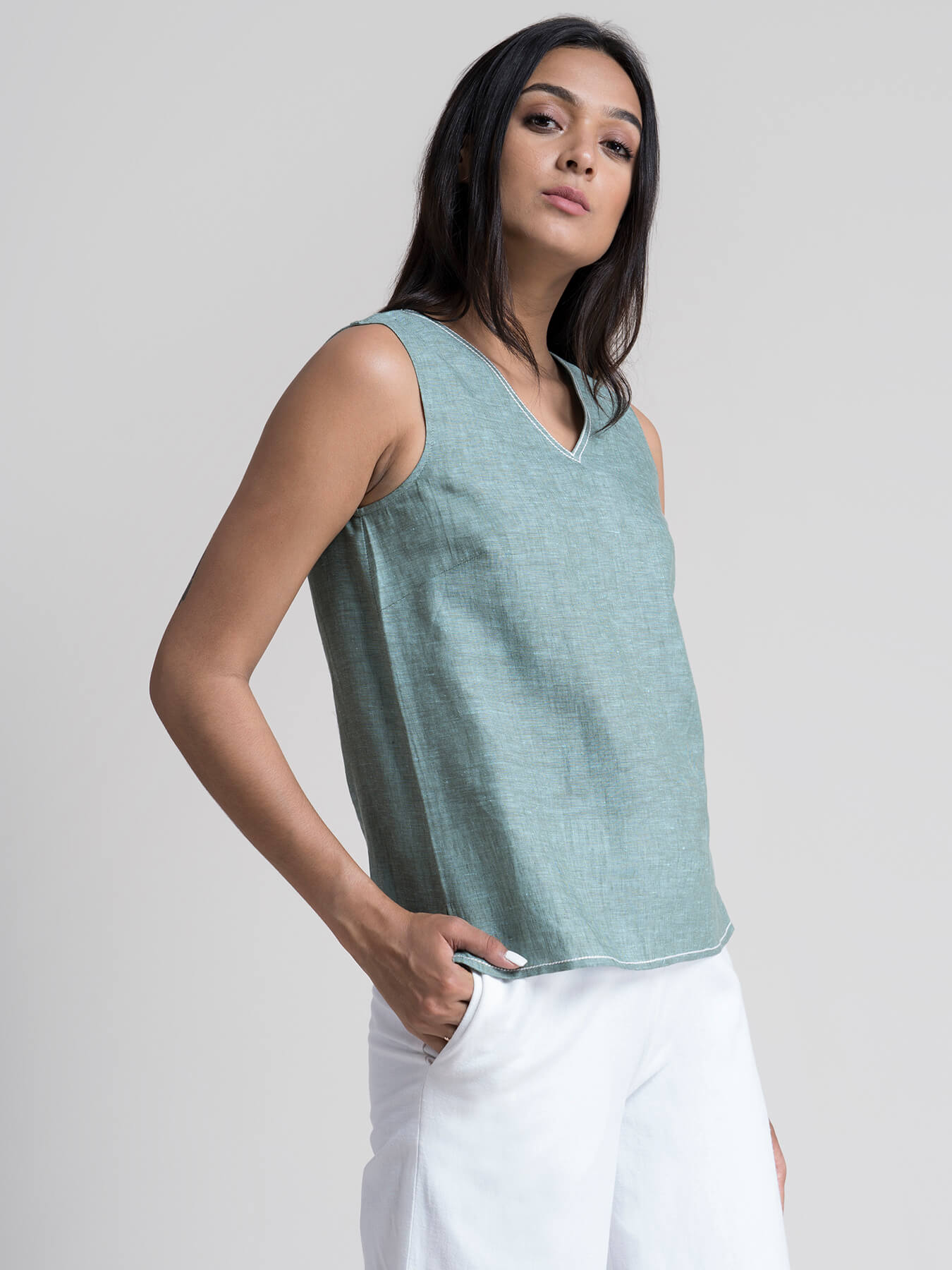 Linen Stitch Detail Top - Green