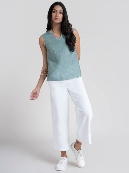 Linen Stitch Detail Top - Green