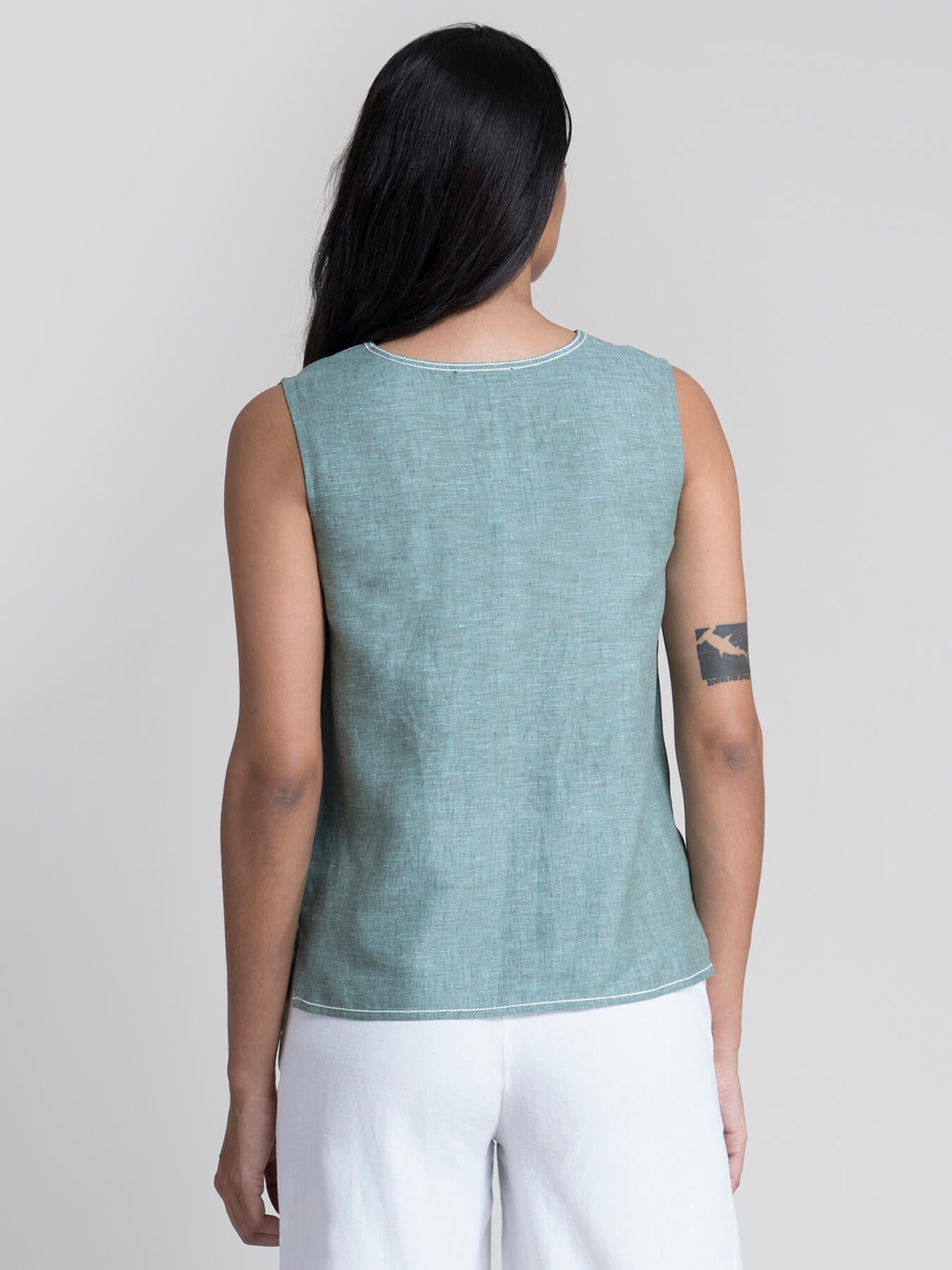 Linen Stitch Detail Top - Green