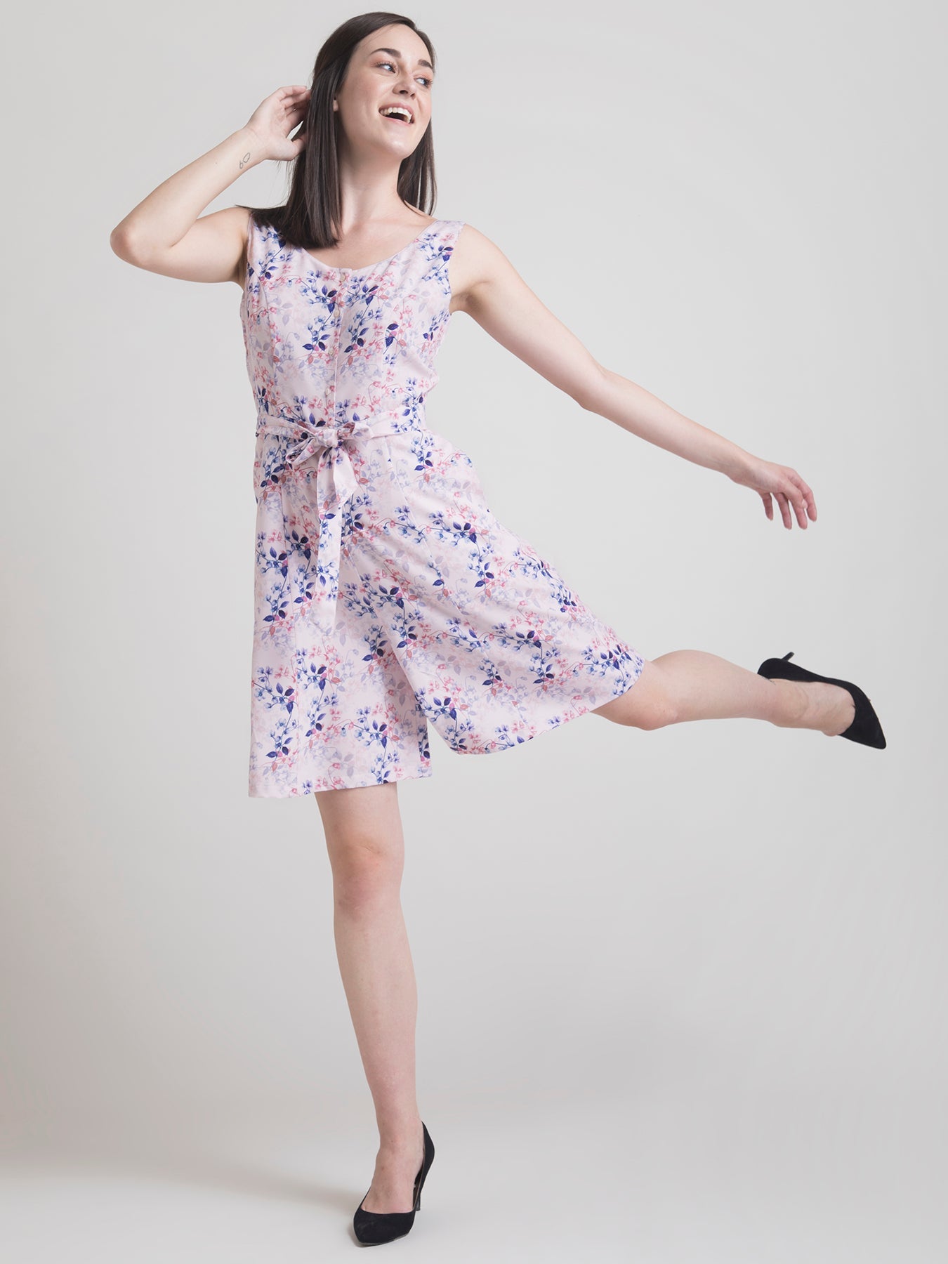 Round Neck Ditsy Floral Playsuit - Pink and Blue