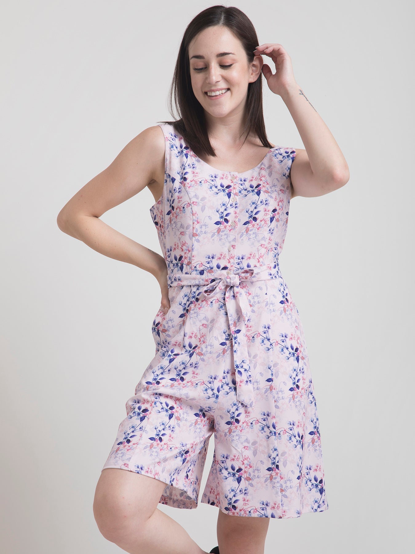 Round Neck Ditsy Floral Playsuit - Pink and Blue