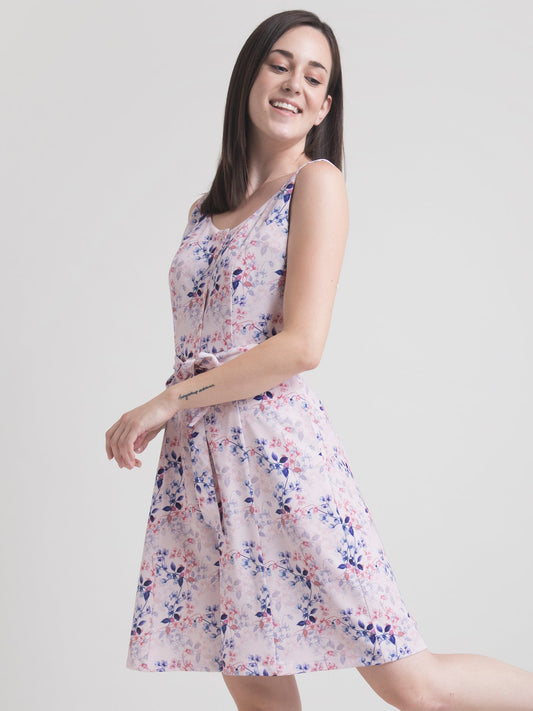 Round Neck Ditsy Floral Playsuit - Pink and Blue