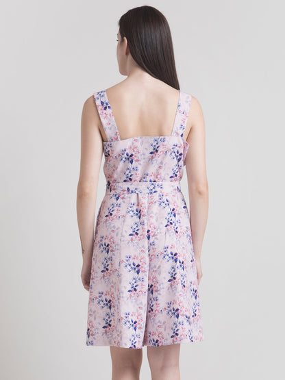 Round Neck Ditsy Floral Playsuit - Pink and Blue
