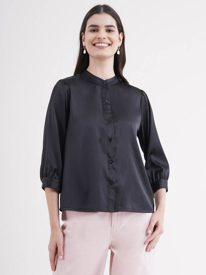 Mandarin  Collar Satin Shirt - Black
