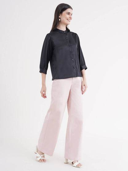 Mandarin  Collar Satin Shirt - Black