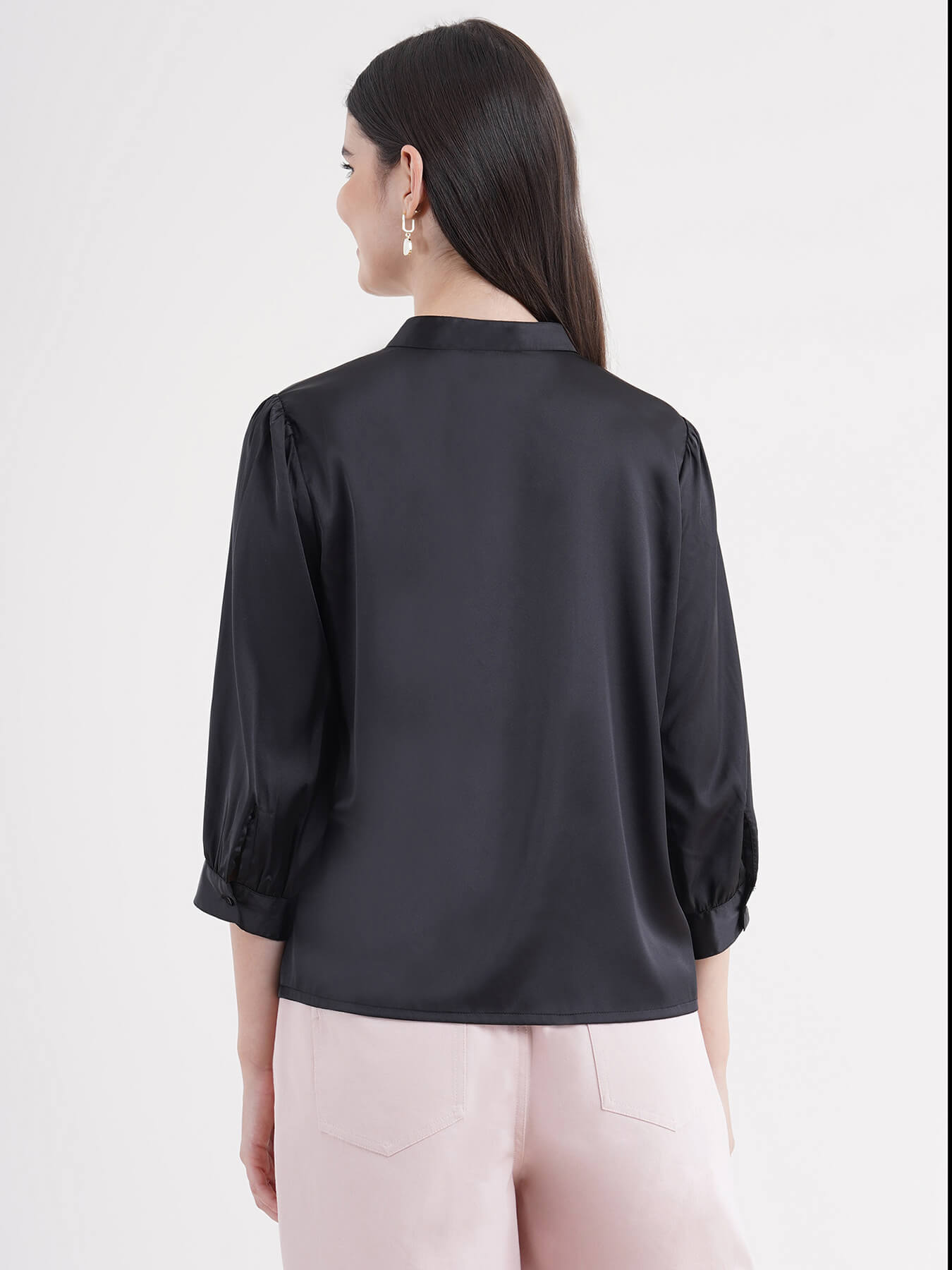 Mandarin  Collar Satin Shirt - Black