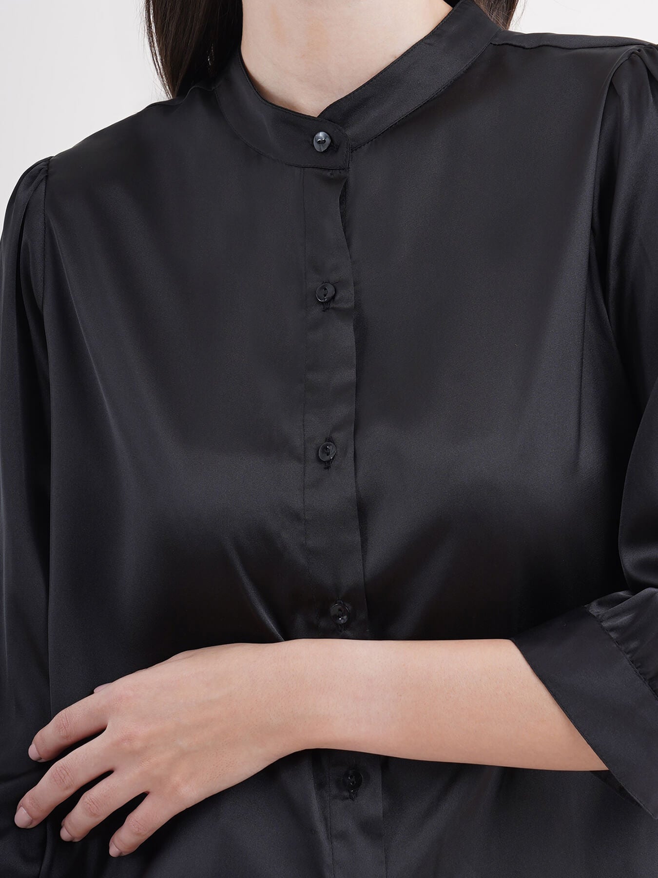 Mandarin  Collar Satin Shirt - Black