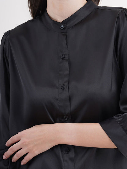Mandarin  Collar Satin Shirt - Black