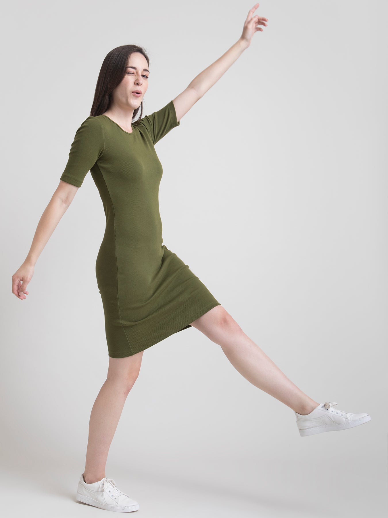 Stretchable Round Neck Shift Dress - Olive