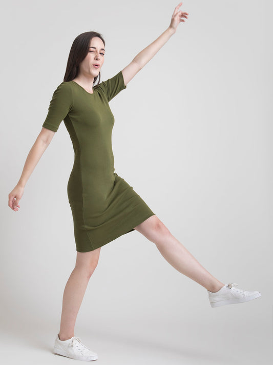 Stretchable Round Neck Shift Dress - Olive