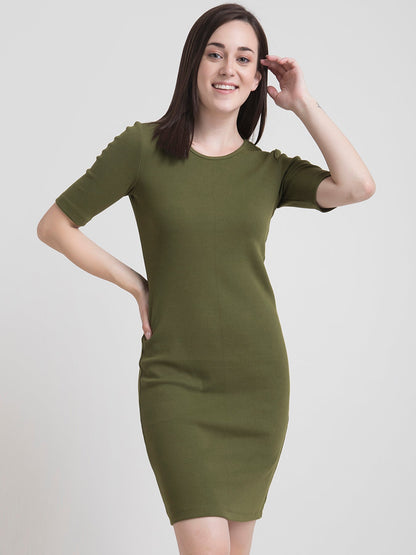 Stretchable Round Neck Shift Dress - Olive