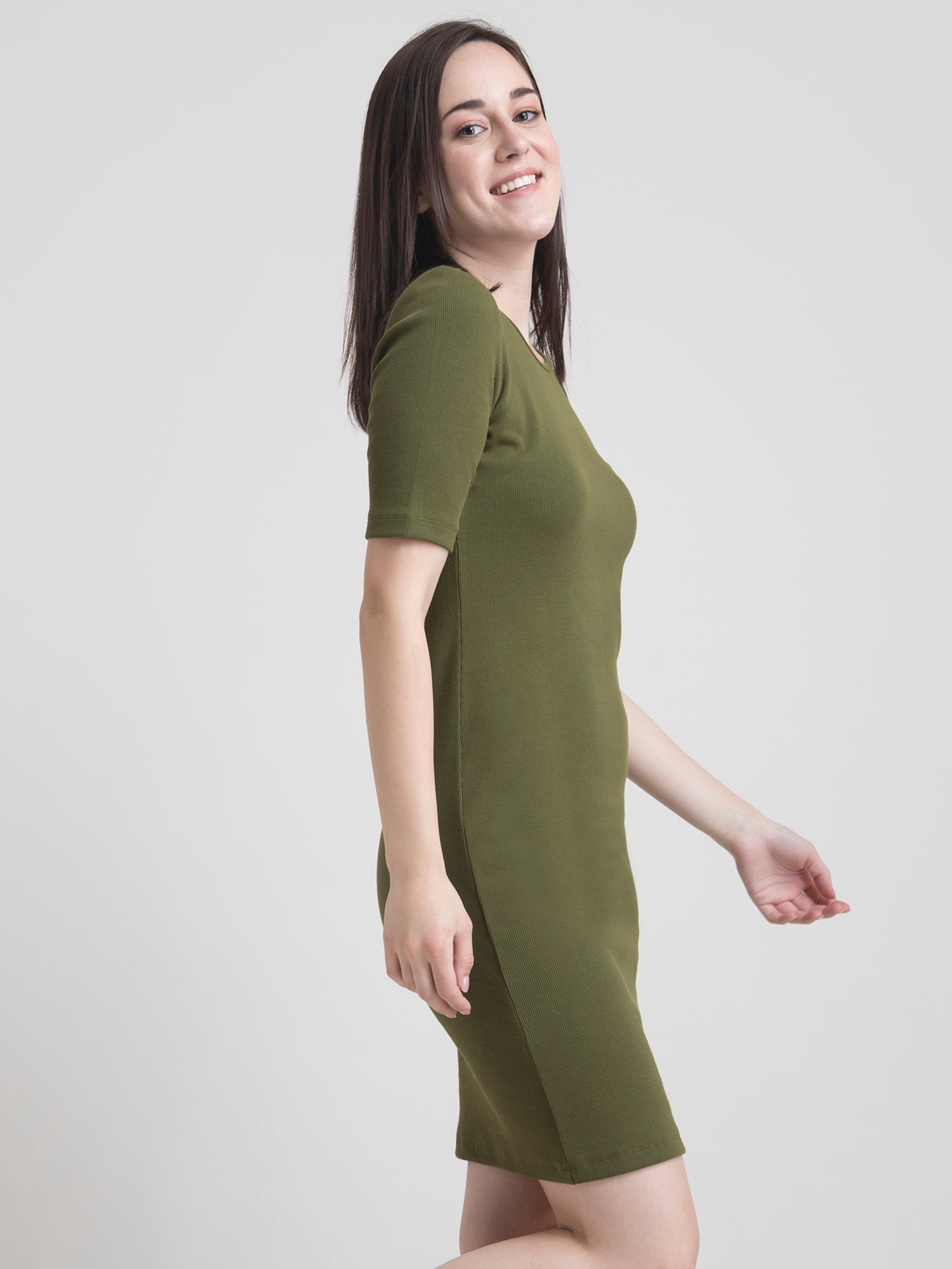 Stretchable Round Neck Shift Dress - Olive