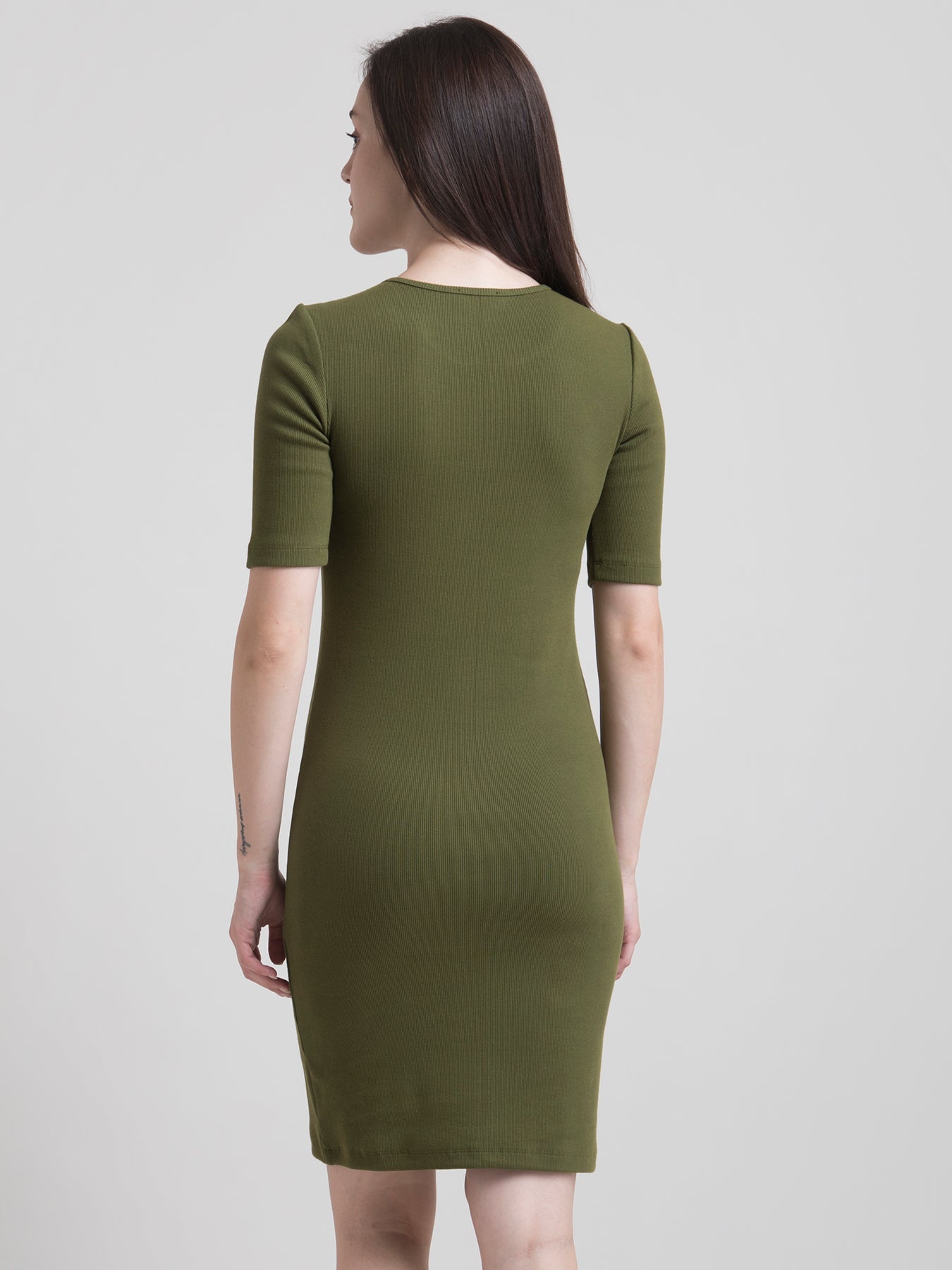 Stretchable Round Neck Shift Dress - Olive