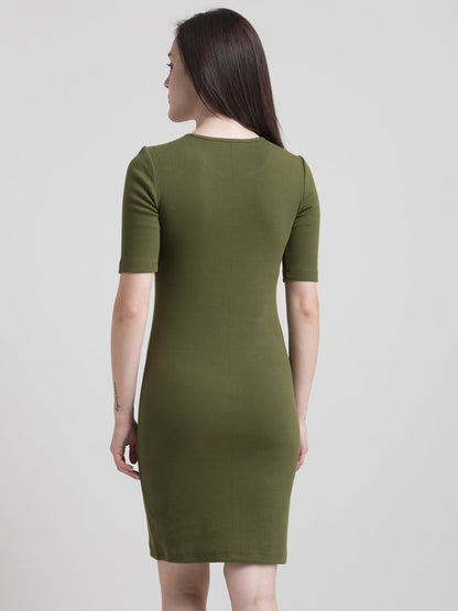 Stretchable Round Neck Shift Dress - Olive