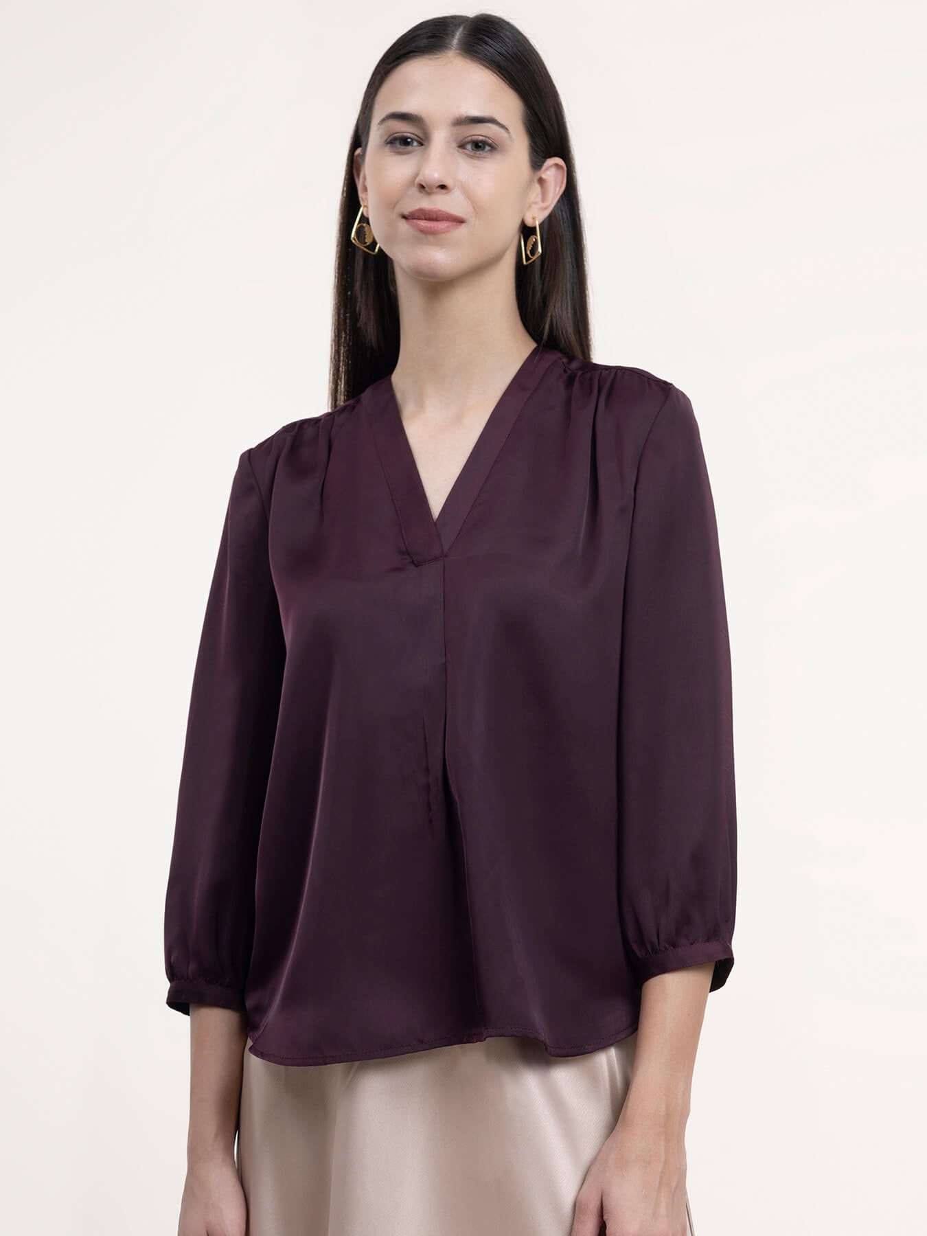 Satin Front Pleat Top - Wine