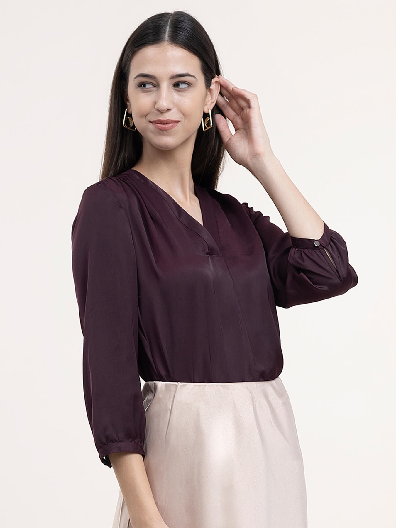 Satin Front Pleat Top - Wine