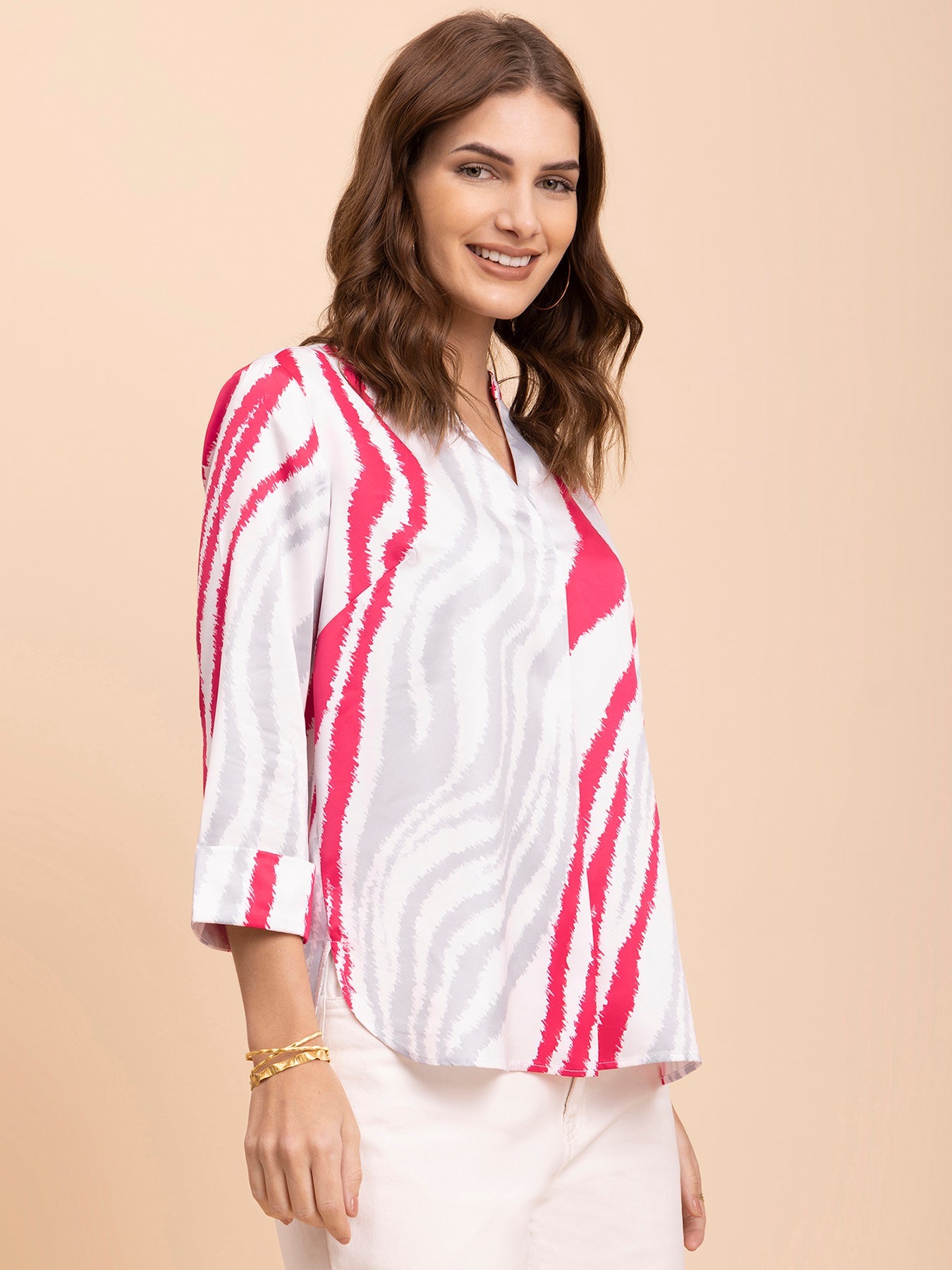 Satin Animal Print Top - Fuchsia and Grey