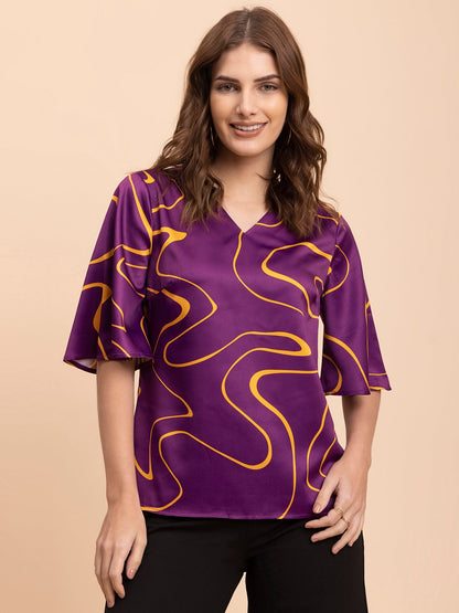 Satin Abstract Print Top - Purple and Yellow