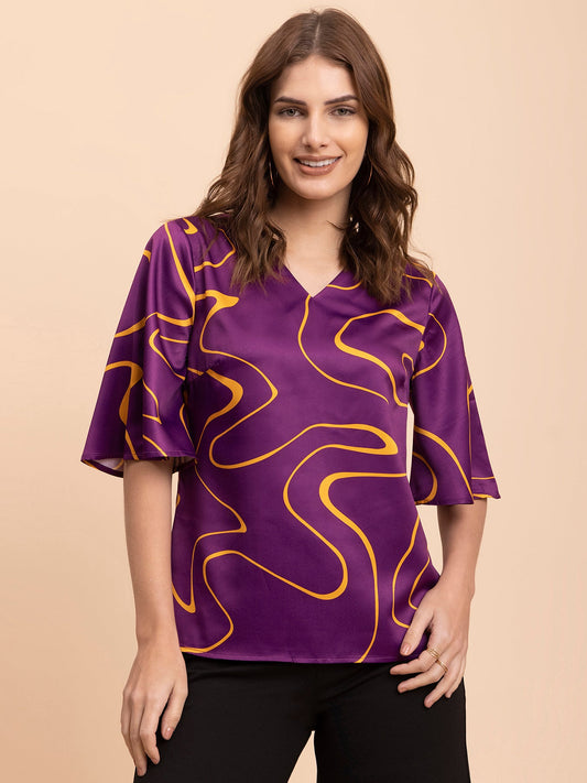 Satin Abstract Print Top - Purple and Yellow