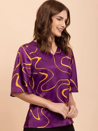 Satin Abstract Print Top - Purple and Yellow