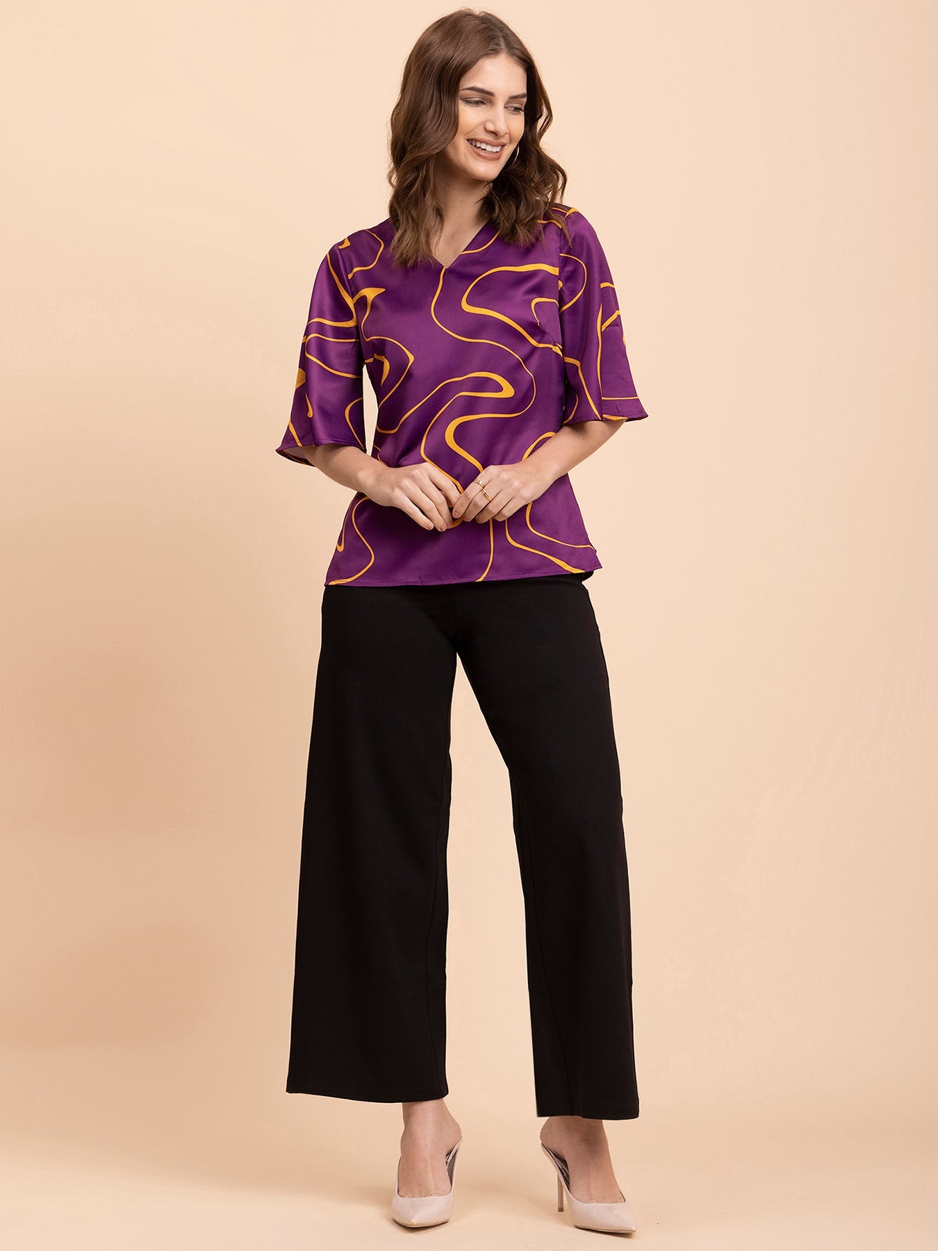 Satin Abstract Print Top - Purple and Yellow
