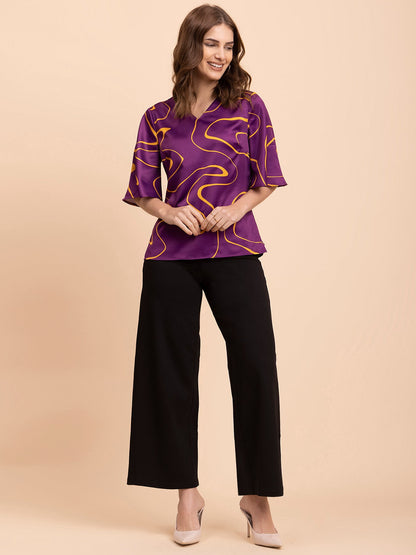 Satin Abstract Print Top - Purple and Yellow