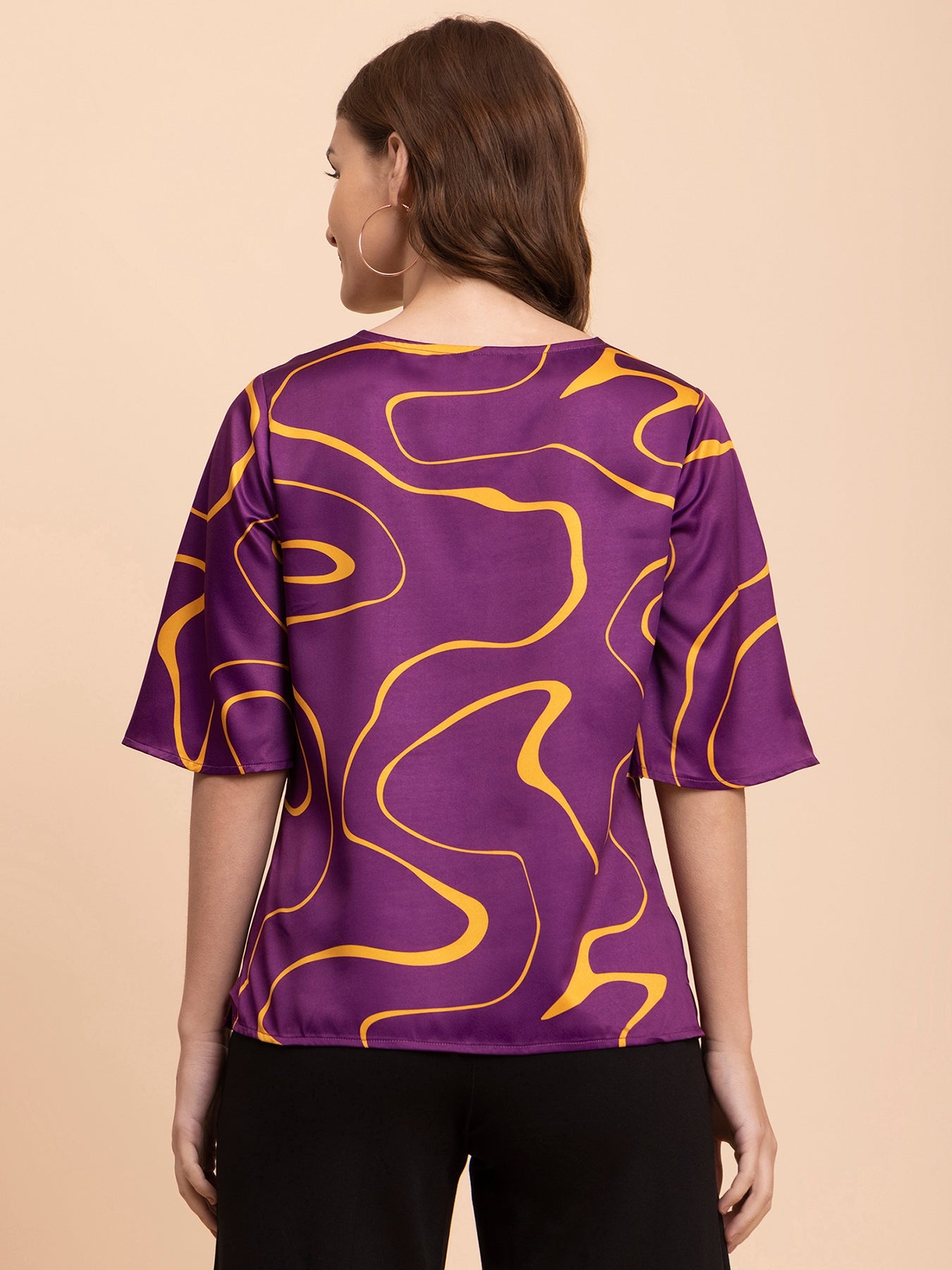 Satin Abstract Print Top - Purple and Yellow