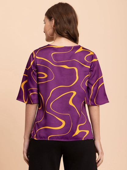 Satin Abstract Print Top - Purple and Yellow