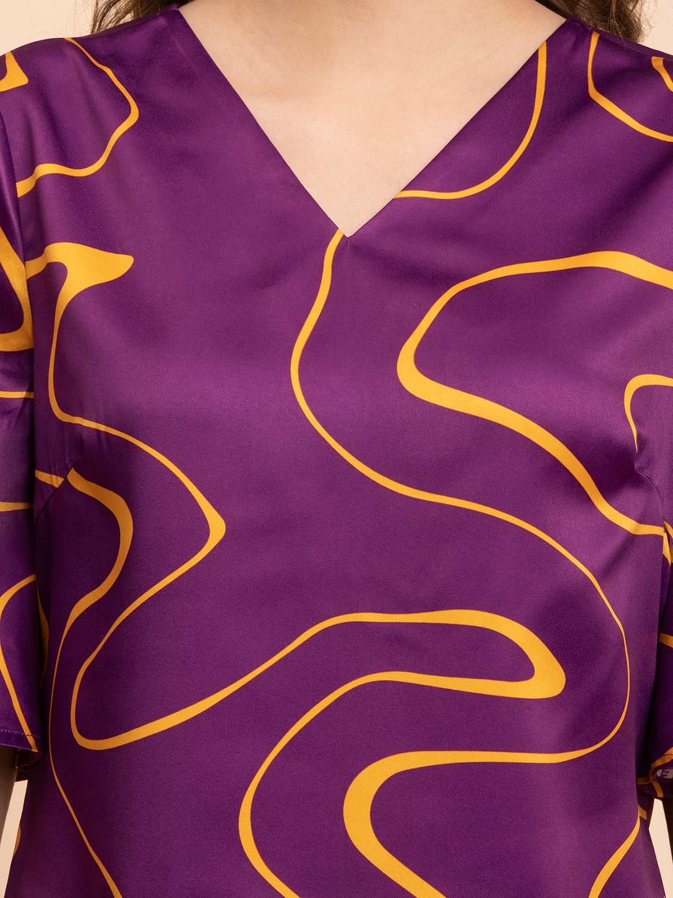 Satin Abstract Print Top - Purple and Yellow