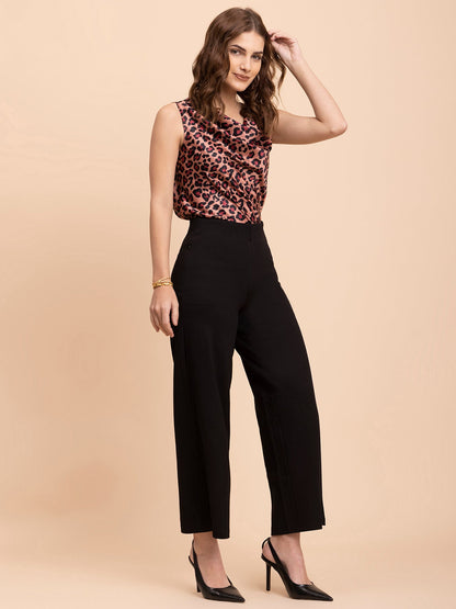 Satin Cowl Neck Top - Brown and Black