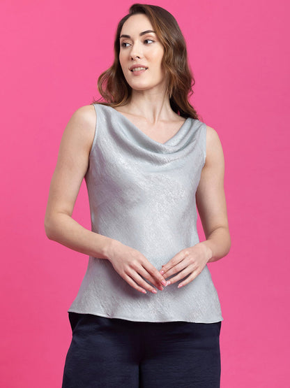 Satin Cowl Neck Top - Grey