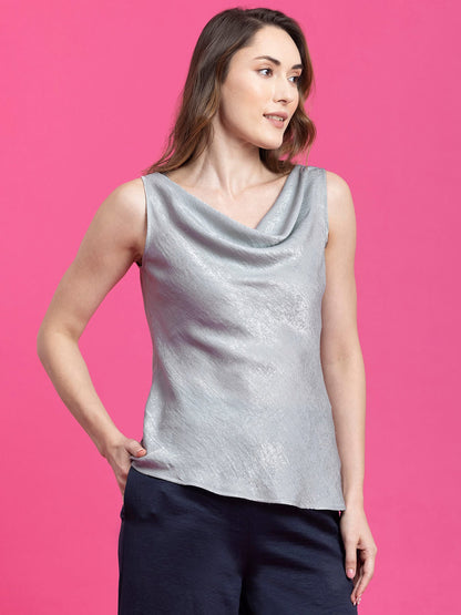 Satin Cowl Neck Top - Grey