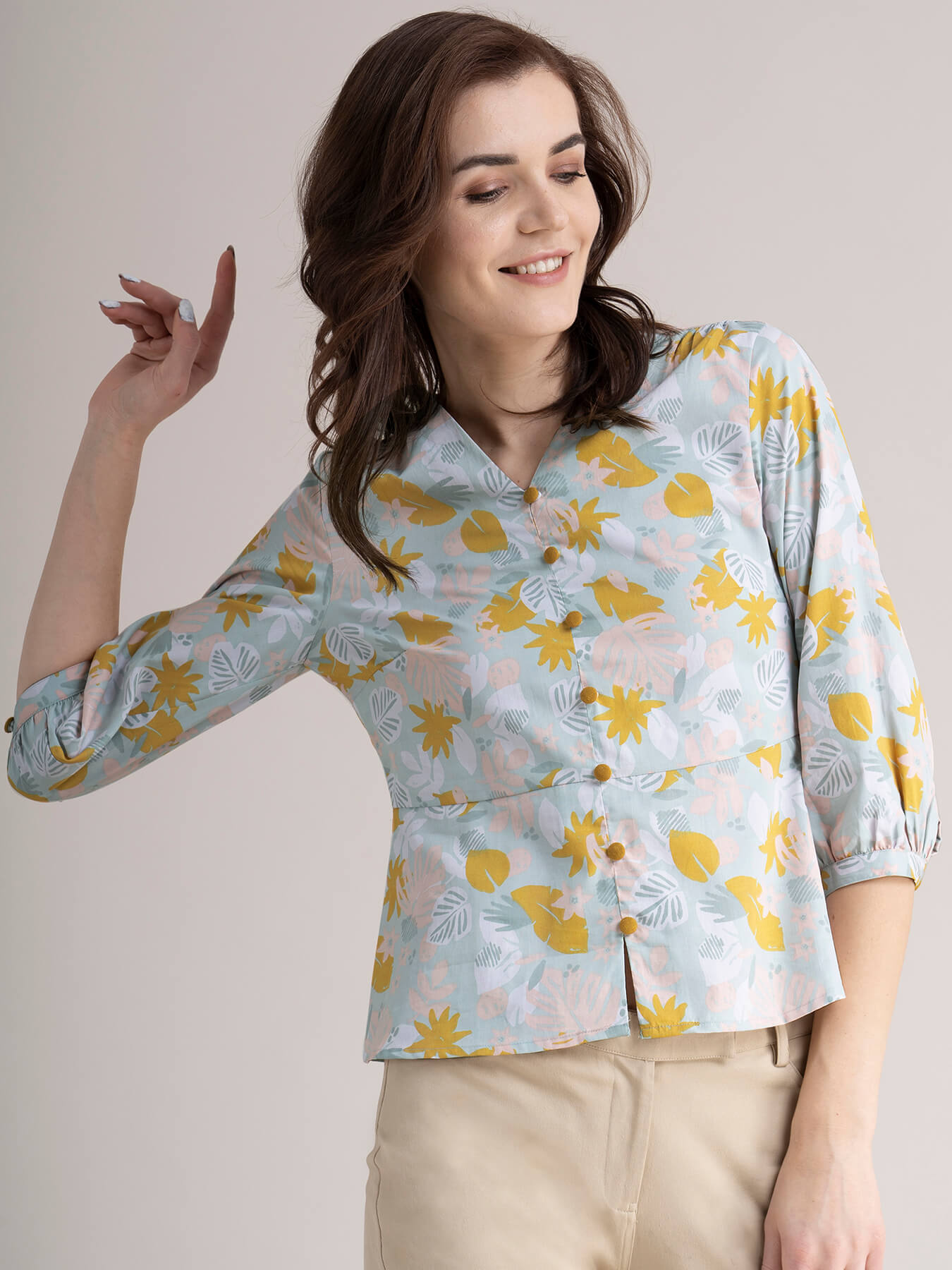 Cotton Floral Peplum Top - Multicolour