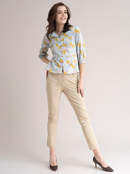 Cotton Floral Peplum Top - Multicolour