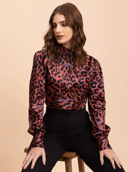 Satin Animal Print Top - Multicolour