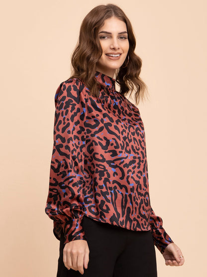 Satin Animal Print Top - Multicolour